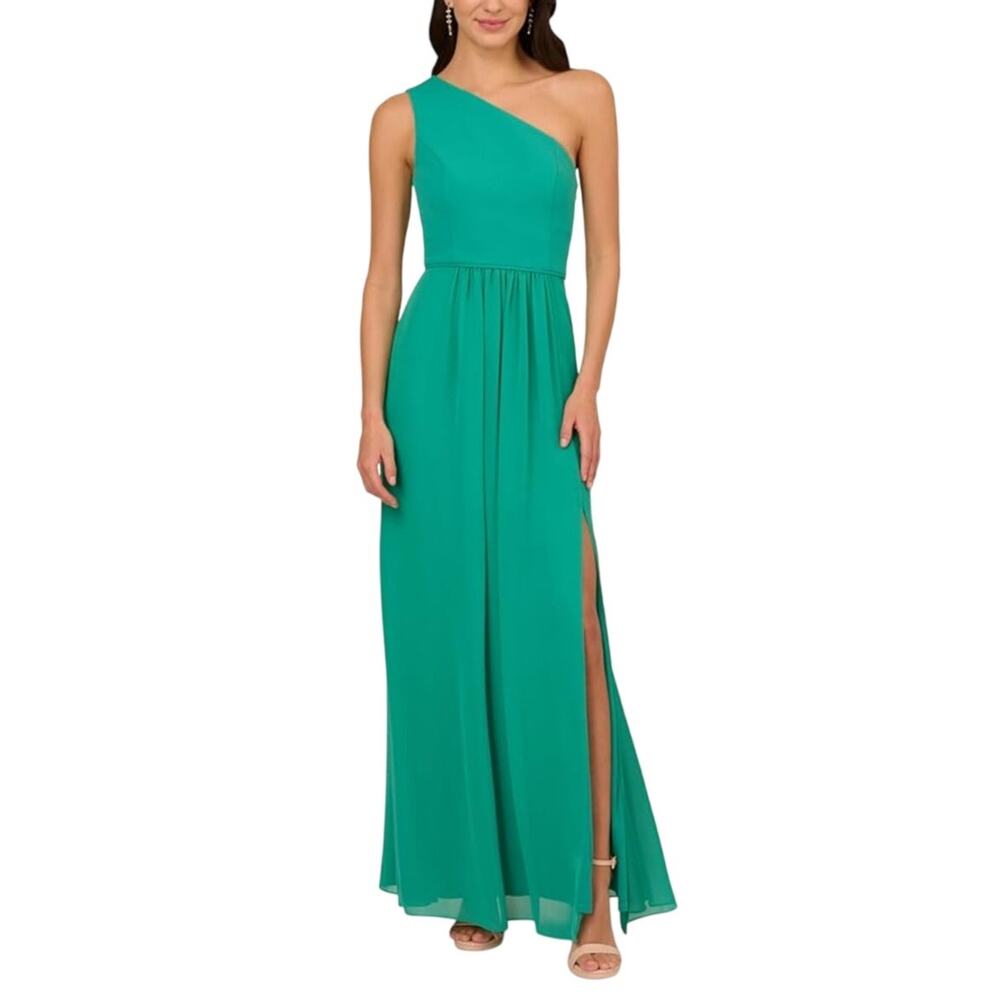 Adrianna Papell Chiffon One Shoulder A-Line Evening Gown Green Size 16 Dress